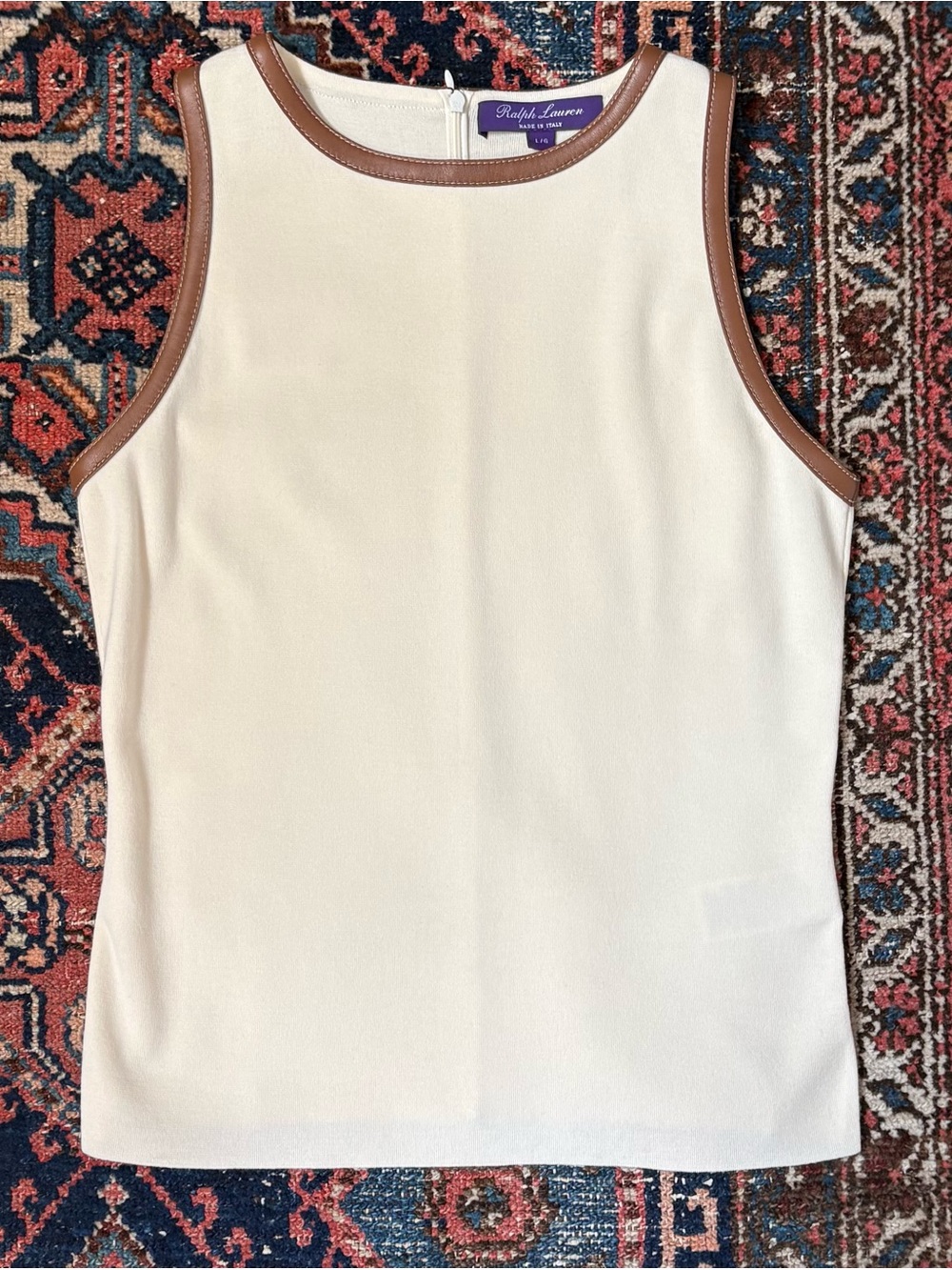 Ralph Lauren Cream Wool Knit Top with Leather Trim